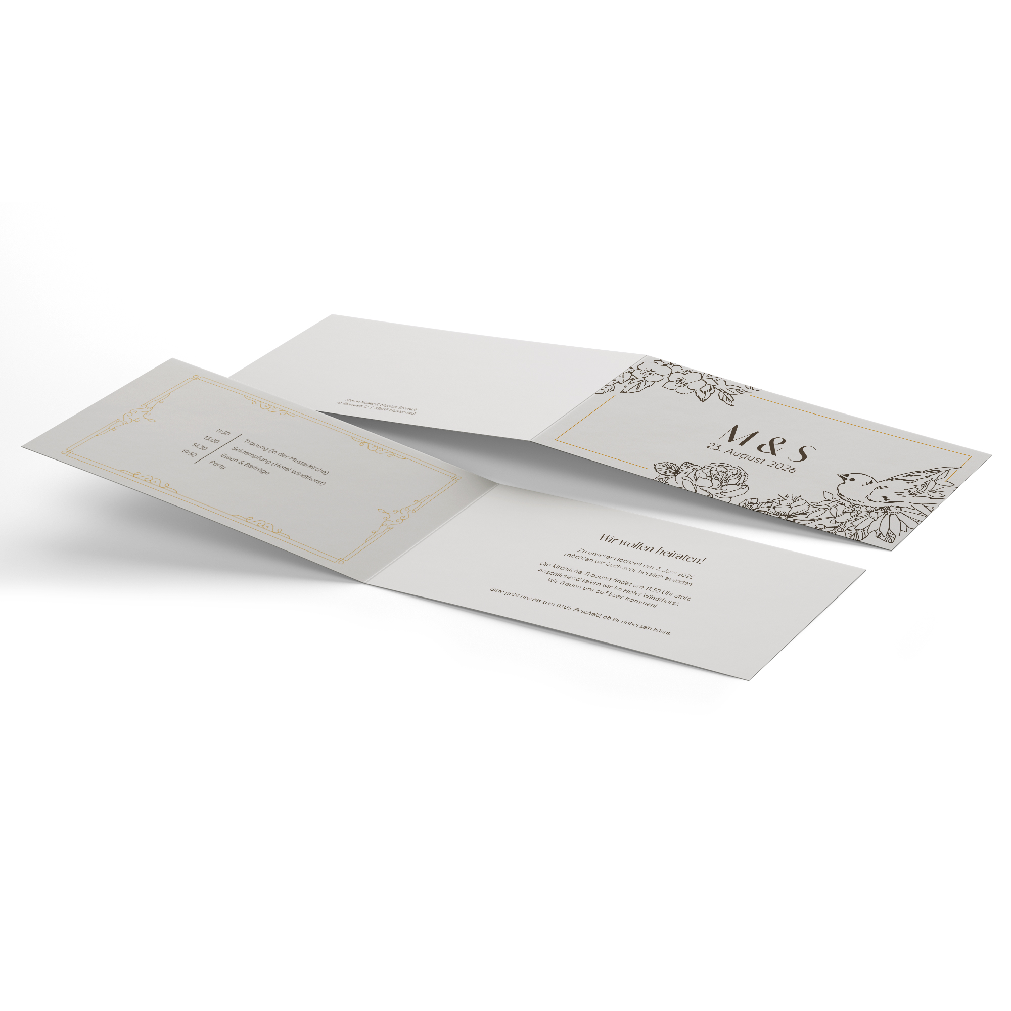 Klappkarte DIN lang im Querformat - Vintage "Petal Bird"