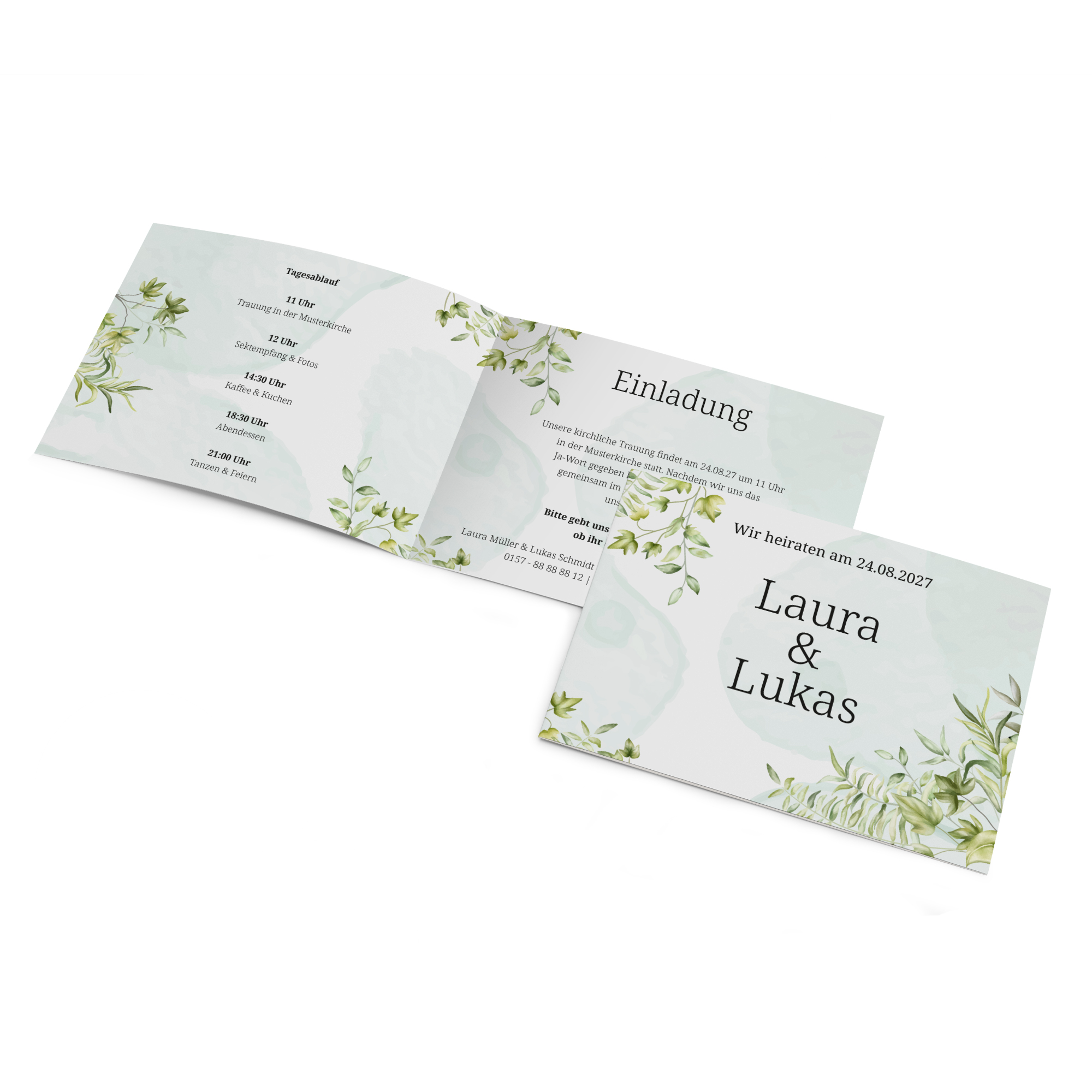 Klappkarte DIN A6 im Querformat - Greenery "leaf light"