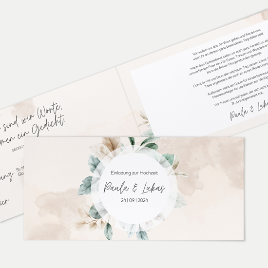 Klappkarte DIN lang im Querformat Aquarell - "leaf & taupe"