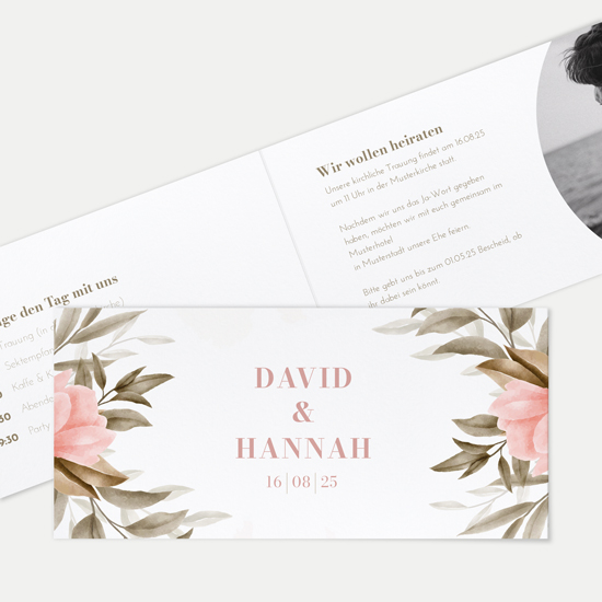 Klappkarte DIN lang im Querformat Floral - "Rose Leaf"