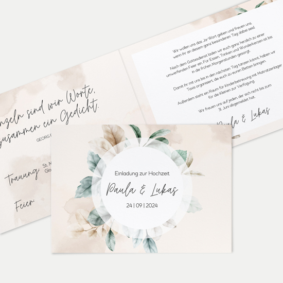 Klappkarte DIN A6 im Querformat - Aquarell "leaf & taupe"