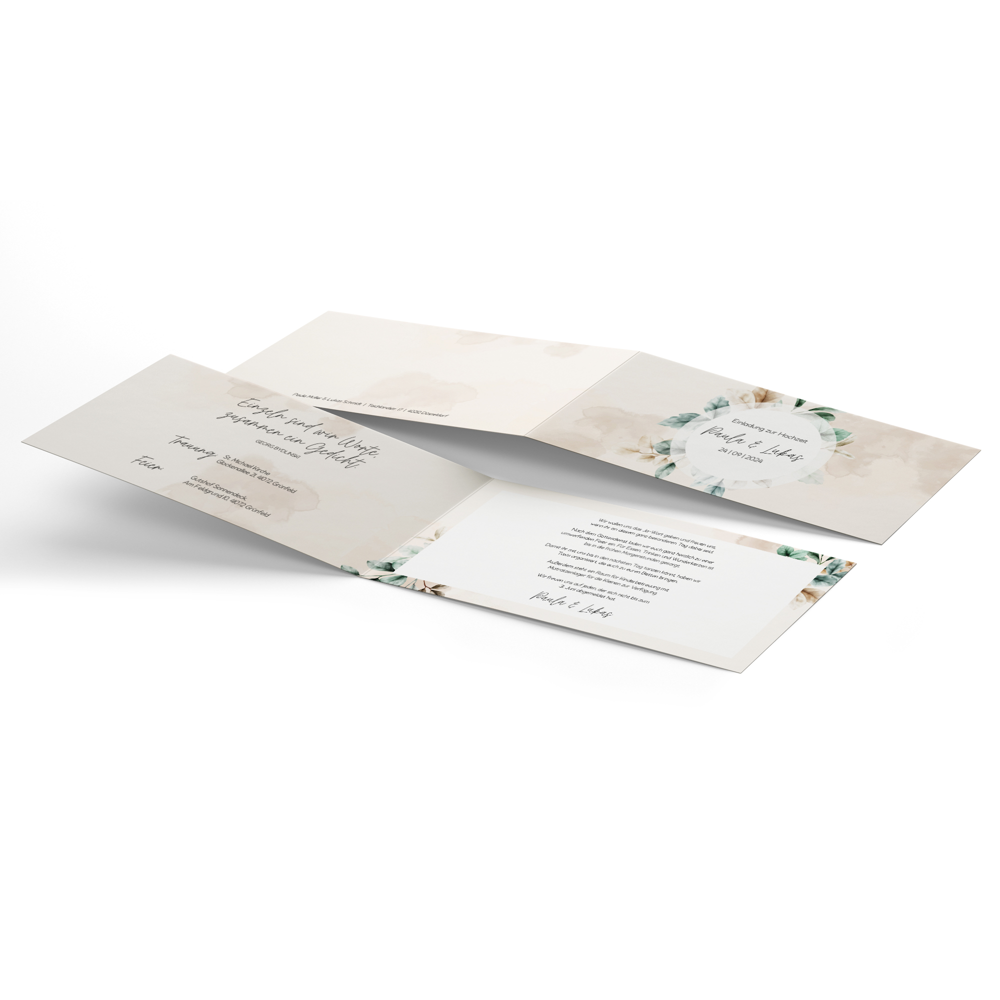 Klappkarte DIN lang im Querformat Aquarell - "leaf & taupe"