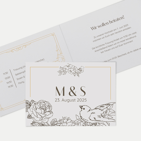 Klappkarte DIN A6 im Querformat - Vintage - "Petal Bird"