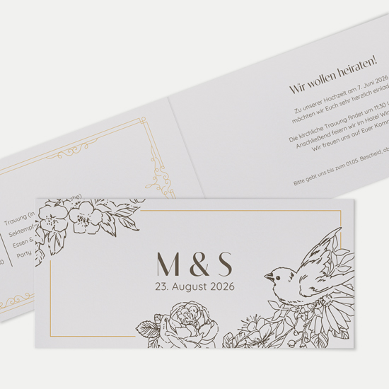 Klappkarte DIN lang im Querformat - Vintage "Petal Bird"