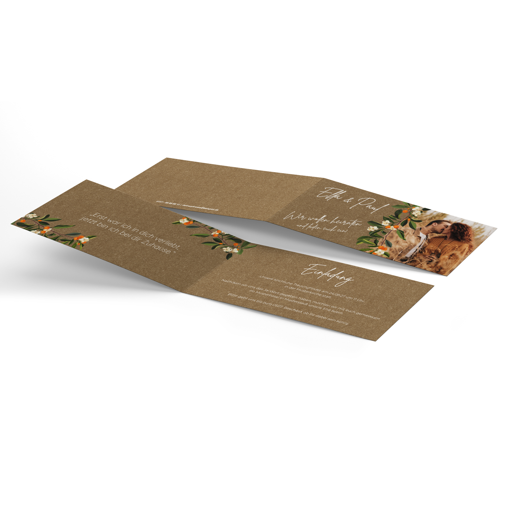 Klappkarte DIN lang im Querformat - Greenery "orange craft"