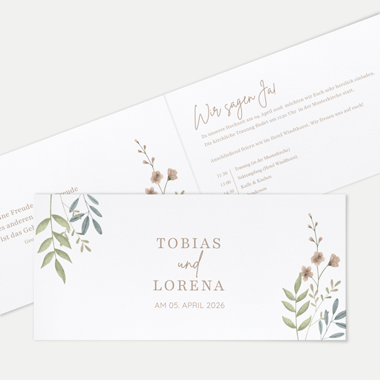 Klappkarte DIN lang im Querformat - Boho "Soft Leaves"