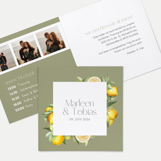 Klappkarte Quadratisch 148 x 148 mm - Aquarell - "Olive & Lemon"
