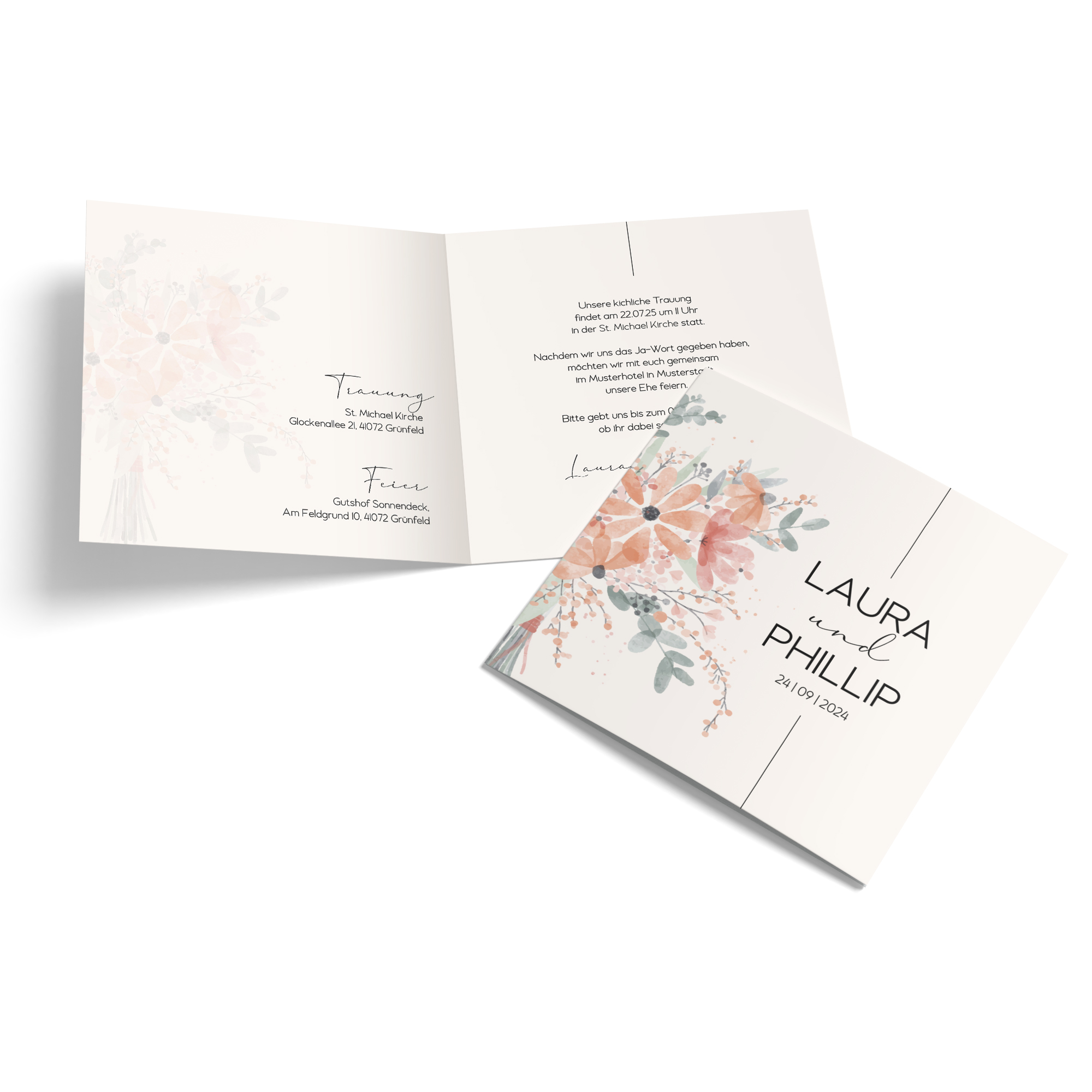 Klappkarte Quadratisch 148 x 148 mm - Aquarell - "terracotta Bloom"