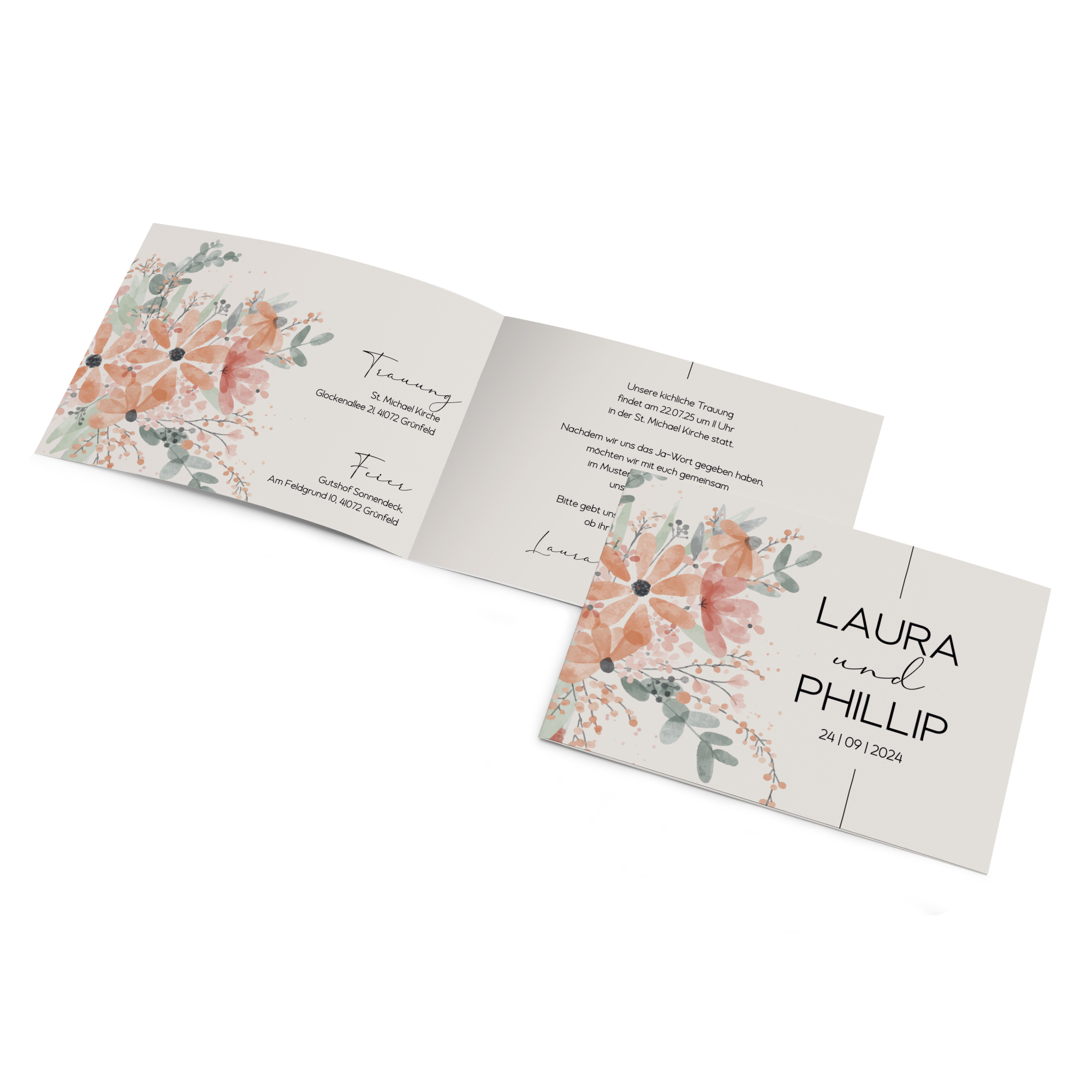 Klappkarte DIN A6 im Querformat - Aquarell "terracotta bloom"