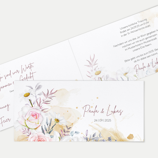 Klappkarte DIN lang im Querformat Aquarell - "lily & rose"