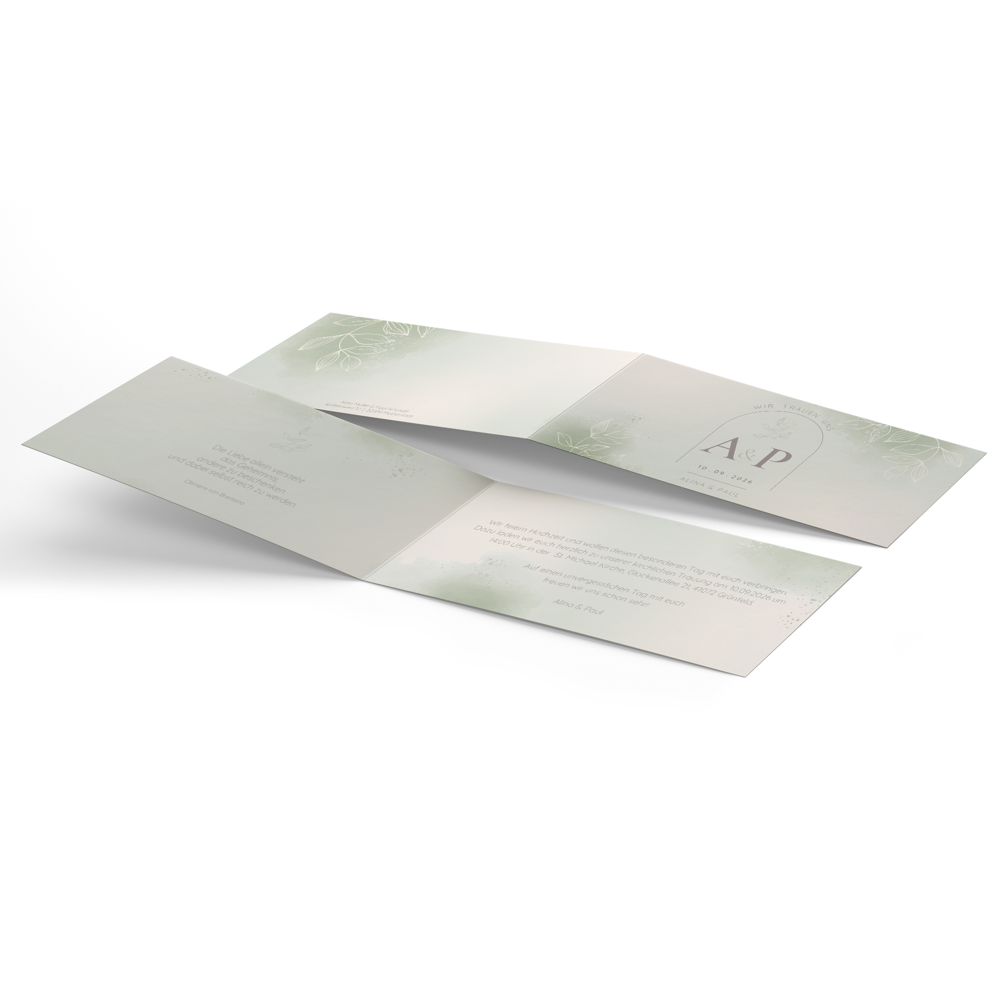 Klappkarte DIN lang im Querformat Aquarell - "faded green"
